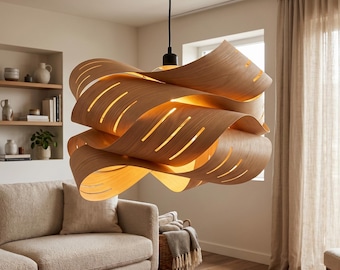 Modern Wood Pendant Light, Wavy Veneer Hanging Lamp for Living Room, Creative Wooden Chandelier, Mid Century Nordic Dining Room Lighting