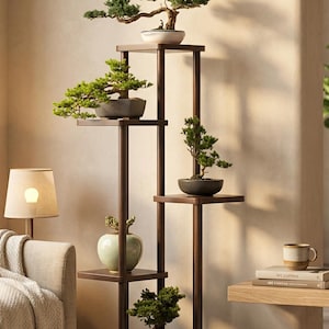 Puede incluir: Un estante para plantas de color marrón oscuro de varios niveles que muestra varios bonsáis en macetas de cerámica. El estante tiene un diseño minimalista con estantes rectangulares. Una lámpara y un sofá son visibles en el fondo.