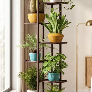 Peut inclure: Un support à plantes à plusieurs niveaux, en métal brun foncé. Il contient diverses plantes en pot avec un feuillage vert, notamment des fougères, des cactus et des plantes à feuilles. Les pots sont de différentes couleurs, dont le jaune, le bleu et le blanc.