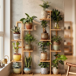 Op de afbeelding: Een houten plantenstandaard met meerdere planken toont een verscheidenheid aan potplanten. De planten omvatten slangenplanten, varens en vetplanten in keramische potten met verschillende kleuren en patronen. De standaard staat tegen een neutraal getinte muur.