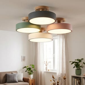 Luminária de teto LED Nordic Macaron, luminária de teto redonda de madeira para quarto, decoração minimalista escandinava, iluminação colorida para quarto de bebê