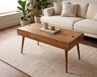 Moderne salontafel uit het midden van de eeuw, massief houten walnoot woonkamertafel, minimalistische handgemaakte middentafel, Scandinavisch decor