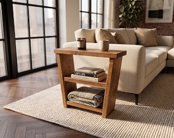 Massief houten bijzettafel, smal bijzettafeltje, bijzettafel bank, modern rustiek nachtkastje, kleine opbergplank accenttafel, accenttafel