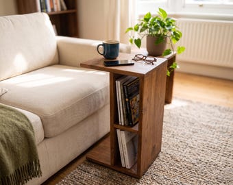 Houten bijzettafel, moderne salontafel, rond bijzettafeltje, massief houten accenttafel, minimalistische meubels uit het midden van de eeuw, handgemaakte kleine ruimtetafel