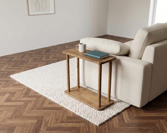 Moderne bijzettafel, massief houten banktafel, smal bijzettafeltje, salontafel kleine ruimte, handgemaakte eiken accenttafel, minimalistisch nachtkastje