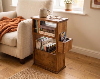Bijzettafel met opberger, houten bijzettafeltje, smalle bijzettafel, tafel met minimale accenten, kleine ruimte massief houten bijzettafel voor woonkamer