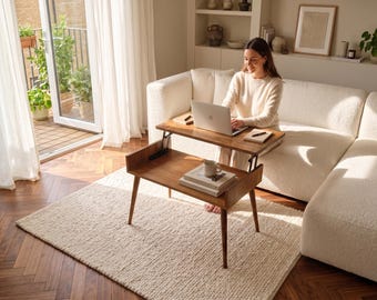 Salontafel met opklapbare opbergruimte, houten salontafel, kleine salontafel voor woonkamer, moderne strakke tafel, moderne tafel uit het midden van de eeuw
