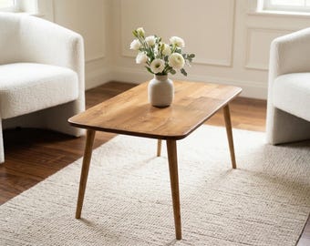 Massief houten salontafel Handgemaakte moderne middentafel Minimalistische woonkamertafel eiken rustieke accenttafel uit het midden van de eeuw Meubels op maat gemaakt
