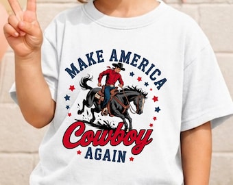 Comfort Colors® Make America Cowboy Again T-shirt: Retro Rodeo Style, Western Patriotic Gift, Red White and Blue Horse Rider Tee