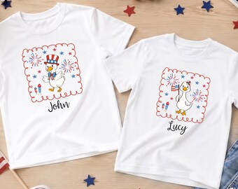 Custom Name Patriotic Goose Shirt, Personalized Kids 4th of July Tee, Kids Independence Day Gift
