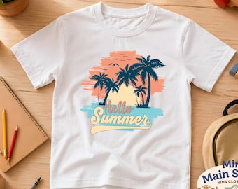 Comfort Colors® Hello Summer T-shirt: Sunset Beach Shirt, Coastal Ocean Graphic Tee, Retro Summer Vacation Tshirt, Cute Travel Gift