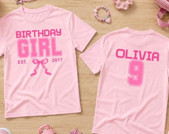 Personalized 9th Birthday Girl T-shirt, Chapter 9 Pink Bow Birthday Tee, Custom Name Ninth Birthday Party Shirt, Cute Girls 9 Year Old Shirt