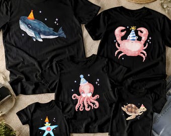 Custom Sea Animals Birthday T-shirt: Summer Birthday Party Family Shirts, Party Animal Shark Octopus Whale, Matching Aquarium Family Shirts