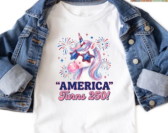 July 4th Unicorn T-shirt: America Turns 250, Patriotic Semiquincentennial Tee, Girls Star Spangled Summer Outfit, Festive Fireworks Shirt