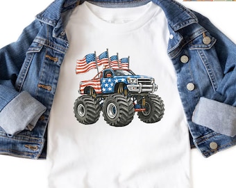 4th Of July Monster Truck T-Shirt, USA Flag Mud Bogging Tee, Patriotic Boys Graphic Outfit, Independence Day Car Lover Apparel