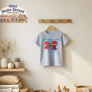 May include: A gray t-shirt with a Spider-Man graphic, the number 2, and the name "James". The shirt says "Birthday Boy" in blue text. The shirt is hanging on a wooden hanger against a neutral wall.