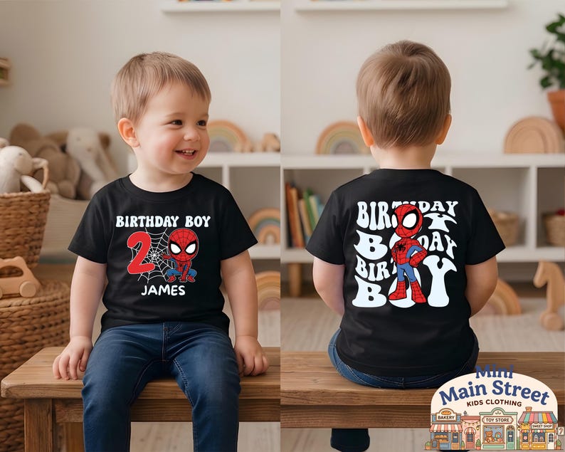 May include: Black t-shirt featuring a Spider-Man graphic and the text "BIRTHDAY BOY" with the number "2" and the name "JAMES". The back of the shirt also has a Spider-Man graphic and the words "BIRTHDAY BOY".