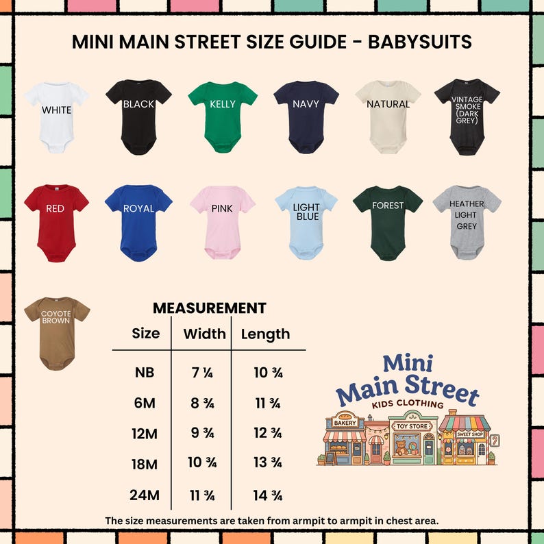 May include: A size guide for Mini Main Street baby bodysuits. The guide displays various bodysuit colors, including white, black, and red. Measurements are provided in inches for sizes NB to 24M. The Mini Main Street Kids Clothing logo is also visible.