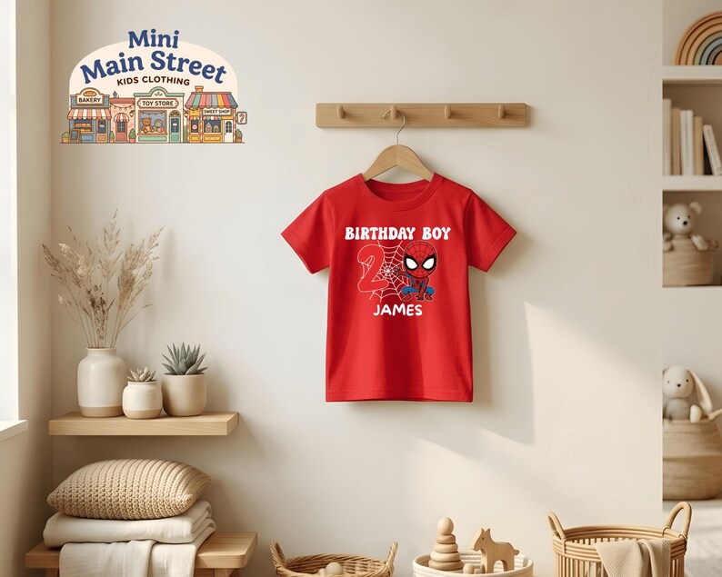 May include: A red t-shirt with a Spider-Man graphic, the words "BIRTHDAY BOY", the number "2", and the name "JAMES" in white. The shirt is hanging on a wooden hanger against a white wall. The image includes a "Mini Main Street Kids Clothing" logo.