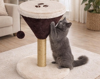 Espresso Cat Scratching Post with Hanging Toy, Modern Cat Tree Tower, Cozy Plush Cat Perch, Small Space Cat Furniture, Easy Assembly