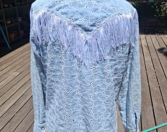 Blue and white western show embroidered flower fringe shirt