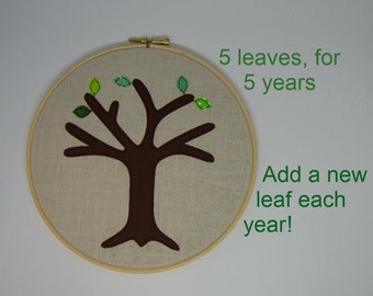 Può includere: Un albero di feltro marrone con cinque foglie di feltro verde su uno sfondo di tessuto beige. Il testo "5 foglie, per 5 anni" e "Aggiungi una nuova foglia ogni anno!" è scritto in verde su uno sfondo bianco.