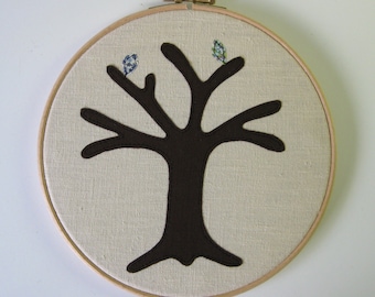 Cotton anniversary gift -  Liberty fabric. Add a new leaf each year of marriage. Applique tree in 8" wooden hoop frame