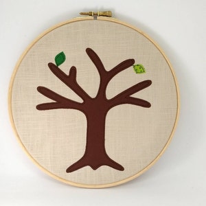 Green cotton anniversary gift -  Add a new leaf each year of marriage. Applique tree in 8" wooden hoop frame