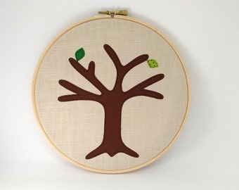 Può includere: Un albero di feltro marrone con foglie di feltro verde è mostrato in un cerchio da ricamo in legno.
