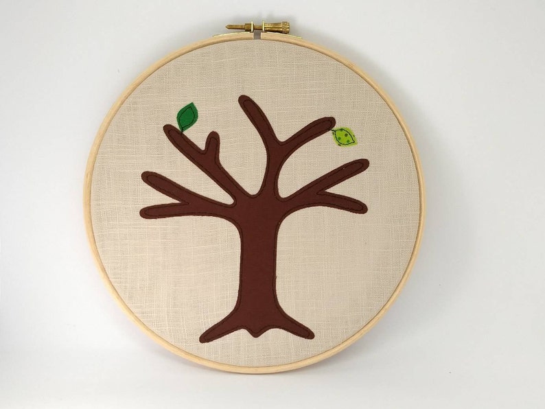 Green cotton anniversary gift Add a new leaf each year of marriage. Applique tree in 8 wooden hoop frame image 1