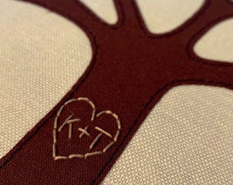Può includere: Primo piano di un cuore in tessuto marrone con un disegno ricamato bianco. Il cuore è cucito su una forma di tessuto marrone più grande che ricorda un tronco d'albero.