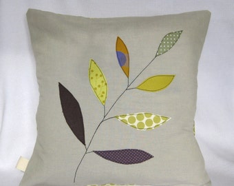 Cushion cover, olive green leaves on a branch, free motion applique, linen, cotton, 16" / 40cm.