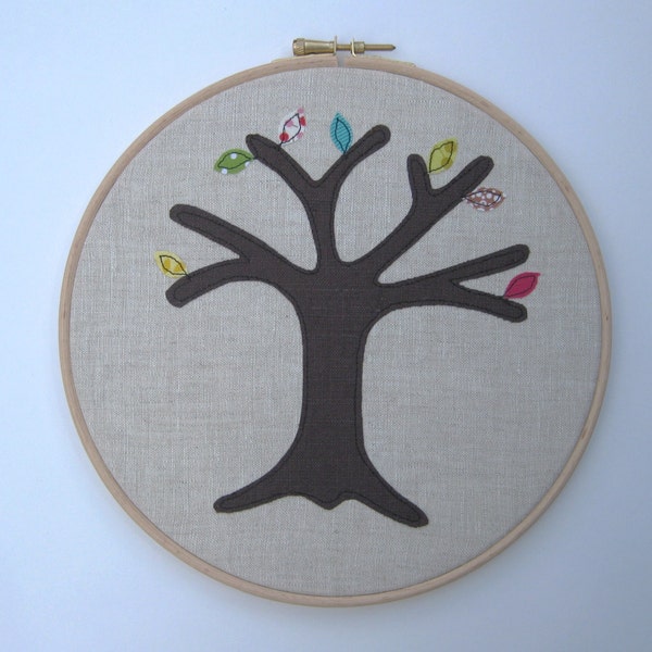 Wedding anniversary gift - a perpetual wedding tree - add a new leaf for each year of marriage. Applique tree in 8" wooden hoop frame