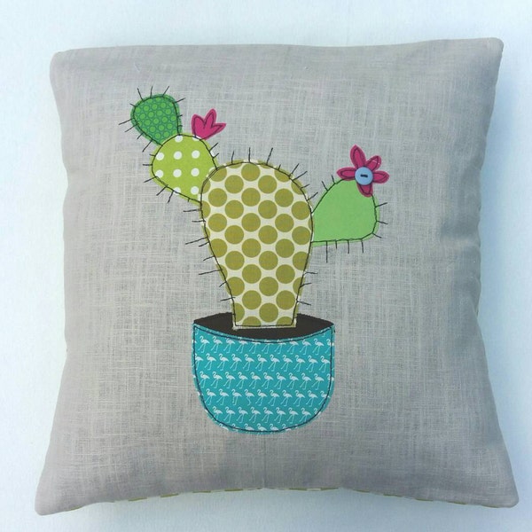 Cactus cushion cover,  Prickly Pear, decorative, throw cushion. Appliquéd cotton on linen, 16"/40cm. Free motion embroidery.