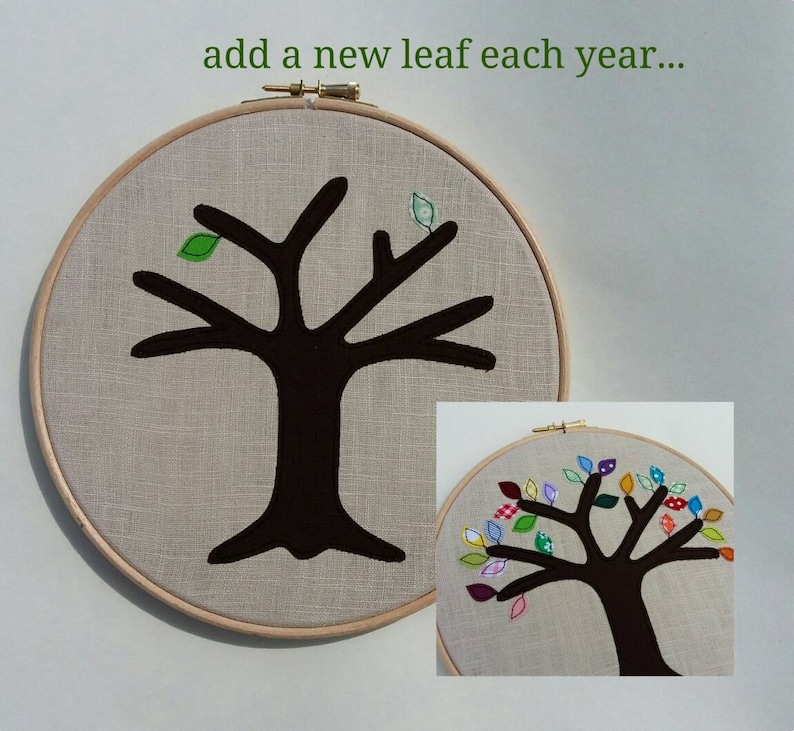 Wedding anniversary gift a perpetual wedding tree add a new leaf for each year of marriage. Applique tree in 8 wooden hoop frame image 2