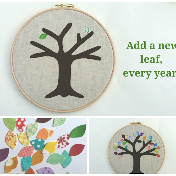 Cotton anniversary gift - add a new leaf each year of marriage. Applique tree in 8" wooden hoop frame