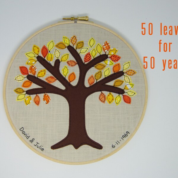 50 Year, Golden anniversary gift - 50 golden leaves for 50th anniversary.  Free motion appliqué tree in 8" wooden hoop frame