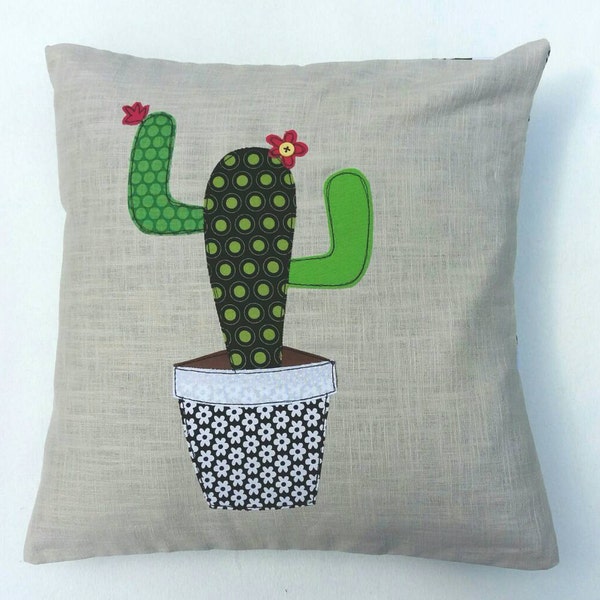 Cactus cushion cover, decorative, throw cushion. Appliquéd cotton on linen, 16". Free motion embroidery.