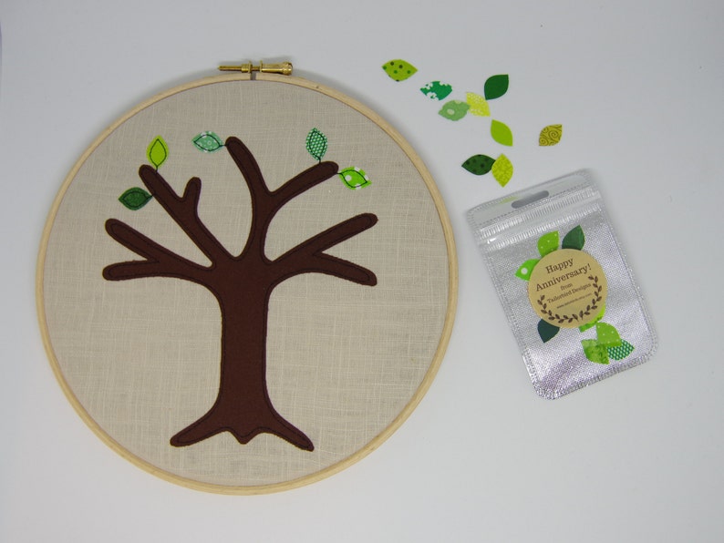 Green cotton anniversary gift Add a new leaf each year of marriage. Applique tree in 8 wooden hoop frame image 4