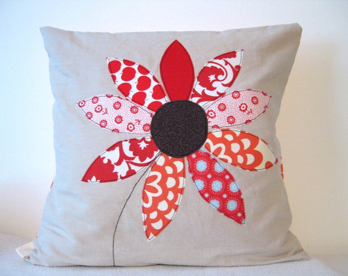 Red Flower Cushion Cover Free Motion Applique Summer Flower Etsy UK