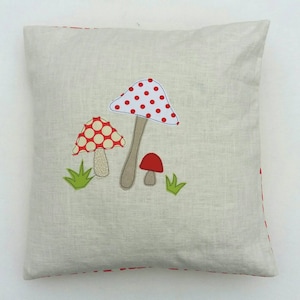 Toadstool cushion cover - mushrooms, red and white, free motion applique, linen and Amy Butler cotton. 40cm / 16&quot;