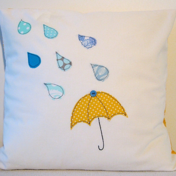 Umbrella and raindrops cushion cover, yellow and blue, free motion applique, linen and cotton. 40cm / 16"