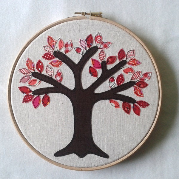 Ruby anniversary gift - 40 red leaves. Free motion appliqué tree in 8" wooden hoop frame