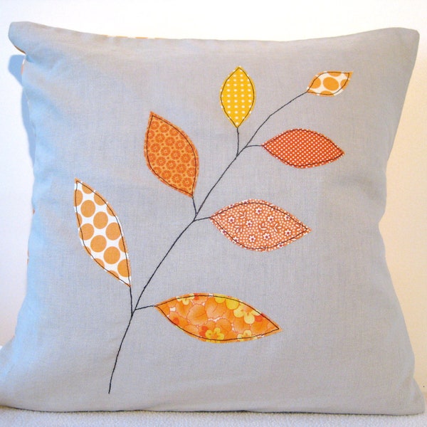 Cushion cover, orange autumn / fall leaves on a branch, free motion applique, linen, cotton, 16" / 40cm.