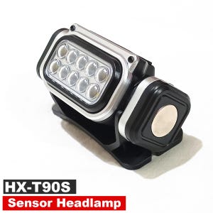 Puede incluir: Linterna frontal con sensor negra y plateada con una matriz de luces rectangular. El texto "HX-T90S Sensor Headlamp" está en un cuadro rojo y blanco. Diseñada para llevar en la cabeza.