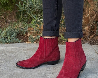 Roseanna Stiefeletten aus rotem Wildleder – Western-Stil – Größe 36 – Vintage-Lederstiefel – Designer Paris – Boho-Chic-Schuhe