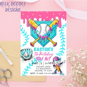 May include: Baseball-themed birthday invitation with a pink and turquoise color scheme. The design features a baseball, crossed bats, and a baseball glove. Text includes "Easton's 7th Birthday" and event details. The invitation is decorated with baseball stitching.