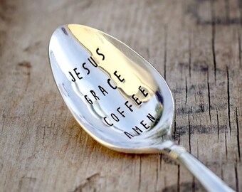 Jesus Grace Coffee Amen - upcycled spoon, silver plated, recycled, hand-stamped