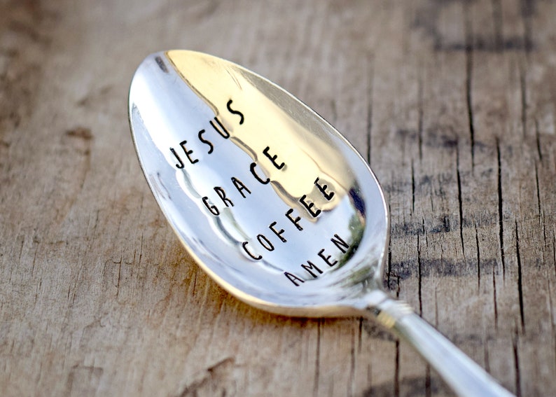 Jesus Grace Coffee Amen upcycled spoon, silver plated, recycled, hand-stamped image 1