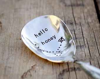 Hello Honey - Upcycled Vintage Silverware Spoon hand stamped